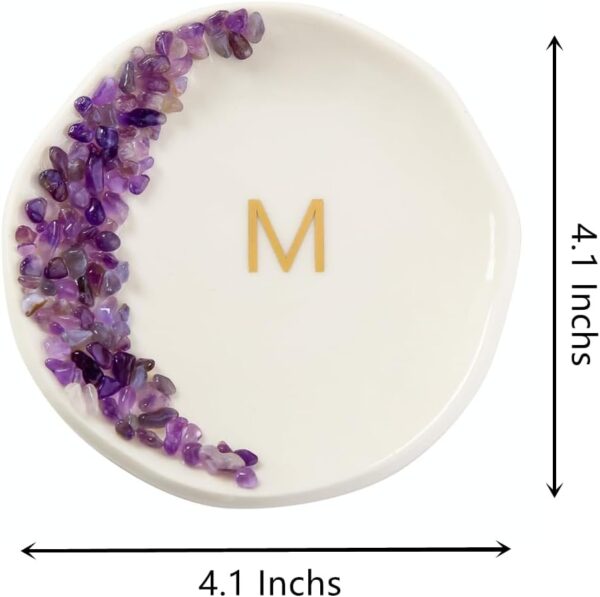 Ceramic Initials Ring Dish with Brazilian Amethyst Inlaid, Cute Room Decor Aesthetic, Decorative Jewelry Tray Trinket Dish, Engagement Wedding Birthday Christmas Gifts for Women (M) - Image 4