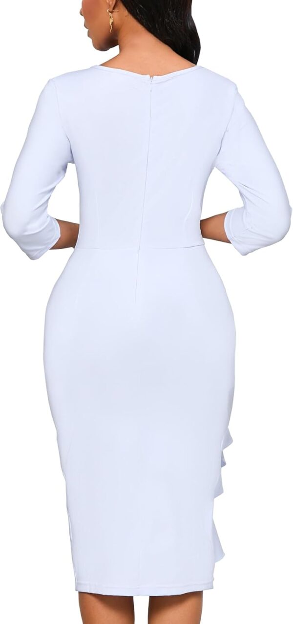 Church Dresses for Women 3/4 Sleeve Bodycon Ruffle Vintage Wear to Work Pencil Midi Dress - Image 6