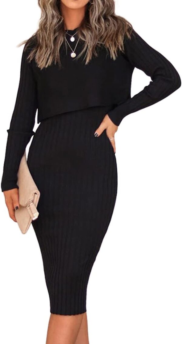 Ezbelle Women's Long Sleeve Sweater Dresses 2 Piece Outfits Sets Ribbed Knit Crop Tops and Tank Bodycon Midi Dress