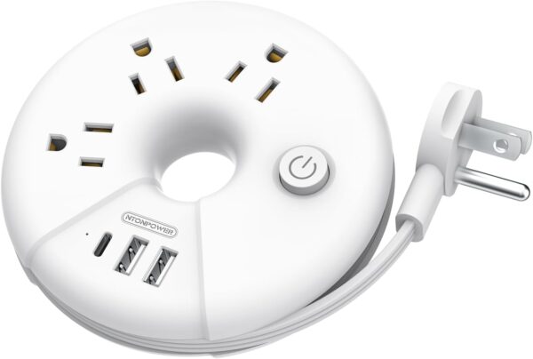 Travel Power Strip, NTONPOWER 3 Outlets 3 USB Portable Desktop Charging Station Short Extension Cord 3ft for Office, Home, Hotels, Cruise Ship, Nightstand, White, i-Donut Power Strip