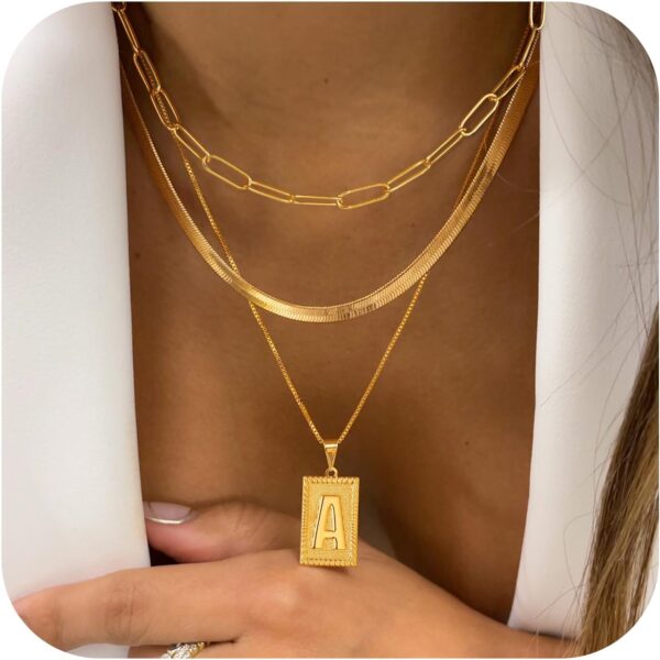 Turandoss Layered Initial Necklaces for Women - Gold Plated Layering Paperclip Chain Choker Necklace Snake Necklace Square Letter Initial Necklace Layered Gold Necklaces Gold Jewelry for Women Jewelry