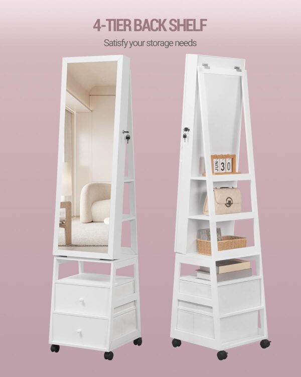 Jewelry Cabinet，42.5" Lockable Standing Jewellery Mirror Cabinet with 2 Drawers, 360° Swivel Jewellery Cabinet with Lights on Four Wheels, Full Length Mirror, White JC37503B - Image 8