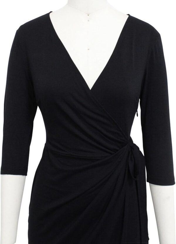 Berydress Women's Classic 3/4 Sleeve V Neck Sheath Casual Party Work Faux Black Wrap Dress - Image 5