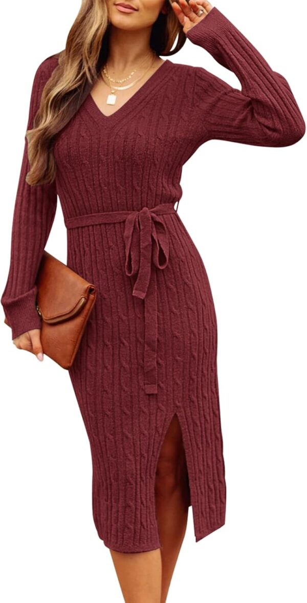 MEROKEETY Women's V Neck Cable Knit Sweater Dress Long Sleeve Bodycon Slit Pullover Midi Dress with Belt