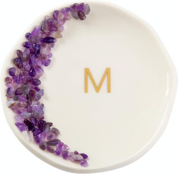 Ceramic Initials Ring Dish with Brazilian Amethyst Inlaid, Cute Room Decor Aesthetic, Decorative Jewelry Tray Trinket Dish, Engagement Wedding Birthday Christmas Gifts for Women (M) - Image 3