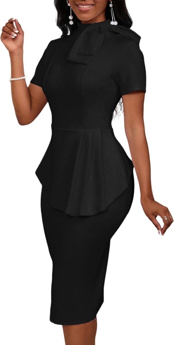 Women's Fashion Peplum Bodycon Short Sleeve Work Dresses Bow Club Ruffle Pencil Formal Cocktail Dress - Image 5