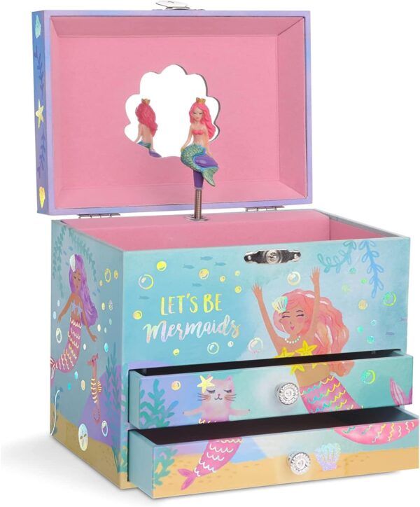 Jewelkeeper - Musical Jewellery Box for Girls with 2 Storage Drawers, Rainbow Mermaid and Gold Leaf - Melody Sobre las Olas Olas