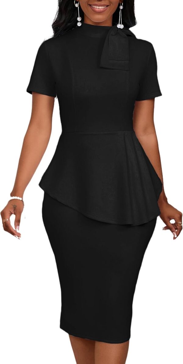 Women's Fashion Peplum Bodycon Short Sleeve Work Dresses Bow Club Ruffle Pencil Formal Cocktail Dress