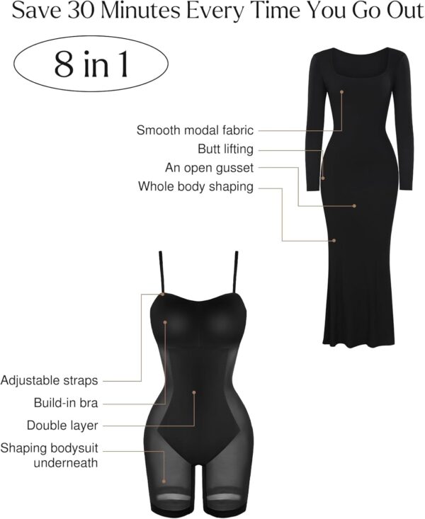 Popilush Long Sleeve Maxi Dress Bodycon Cocktail Dress Shapewear Tummy Control Fall Formal Dresses Built-in Bra - Image 3