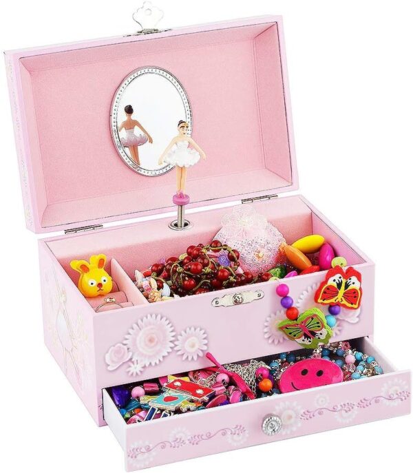 RR ROUND RICH DESIGN Kids Musical Jewelry Box for Girls with Drawer and Jewelry Set with Ballerina Theme - Swan Lake Tune Pink - Image 5