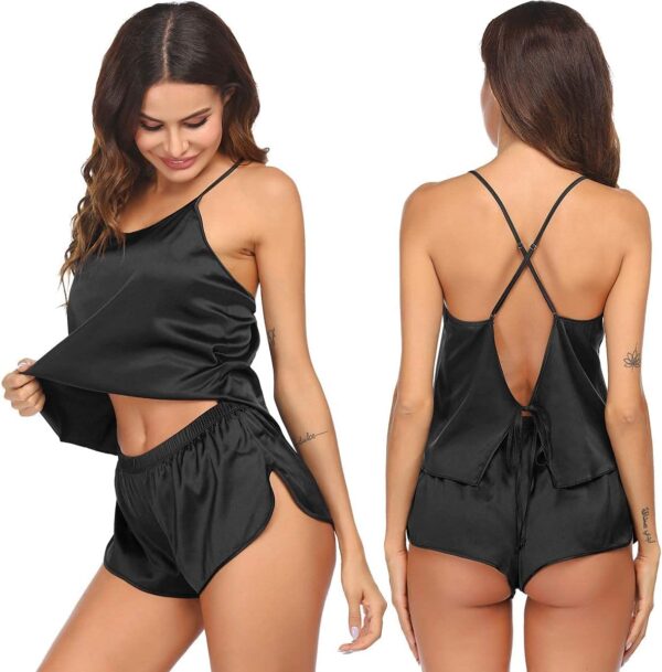 Ekouaer Silk Pajamas Set for Women Satin Backless Lingerie Pjs Cami Top and Shorts Nightwear