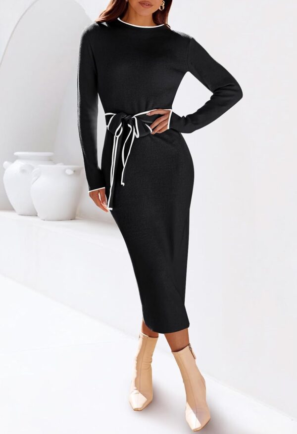 MEROKEETY Women's 2024 Long Sleeve Midi Sweater Dress Fall Mock Neck Color Block Tie Waist Bodycon Knit Dress - Image 2