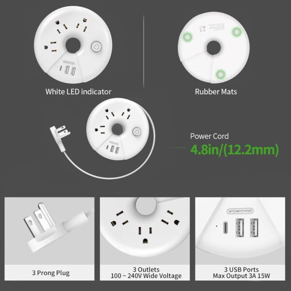 Travel Power Strip, NTONPOWER 3 Outlets 3 USB Portable Desktop Charging Station Short Extension Cord 3ft for Office, Home, Hotels, Cruise Ship, Nightstand, White, i-Donut Power Strip - Image 7