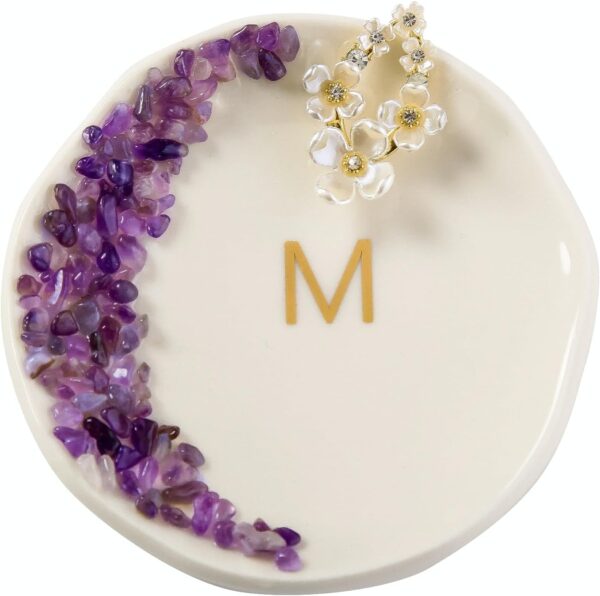 Ceramic Initials Ring Dish with Brazilian Amethyst Inlaid, Cute Room Decor Aesthetic, Decorative Jewelry Tray Trinket Dish, Engagement Wedding Birthday Christmas Gifts for Women (M)