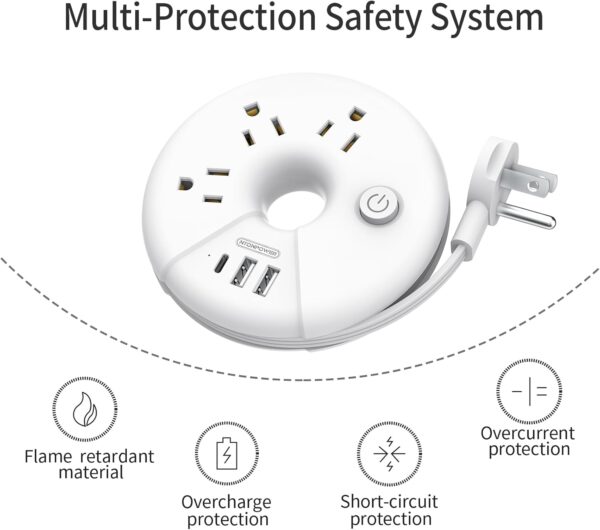 Travel Power Strip, NTONPOWER 3 Outlets 3 USB Portable Desktop Charging Station Short Extension Cord 3ft for Office, Home, Hotels, Cruise Ship, Nightstand, White, i-Donut Power Strip - Image 6