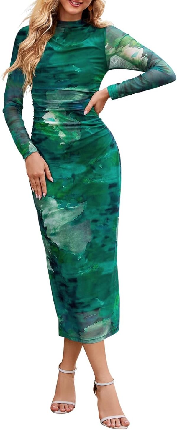 MEROKEETY Women's 2024 Long Sleeve Tie Dye Dress Bodycon Mock Neck Mesh Ruched Cocktail Maxi Dresses