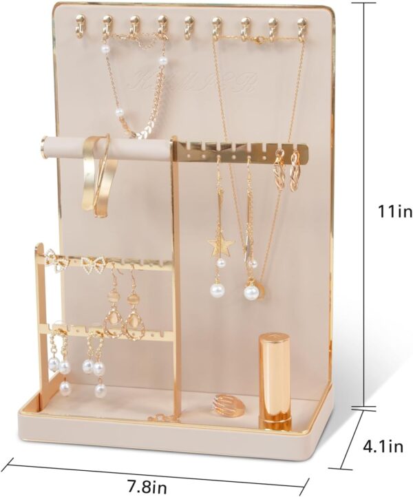 KAMIER Jewelry Organizer Stand for Women - 4 Tier Earring Organizer Tree Necklace Rack Jewellery Tower Bracelets Storage with 10 Hooks - Aesthetic Jewelry Holder Organizer for Women Girls -Beige - Image 3