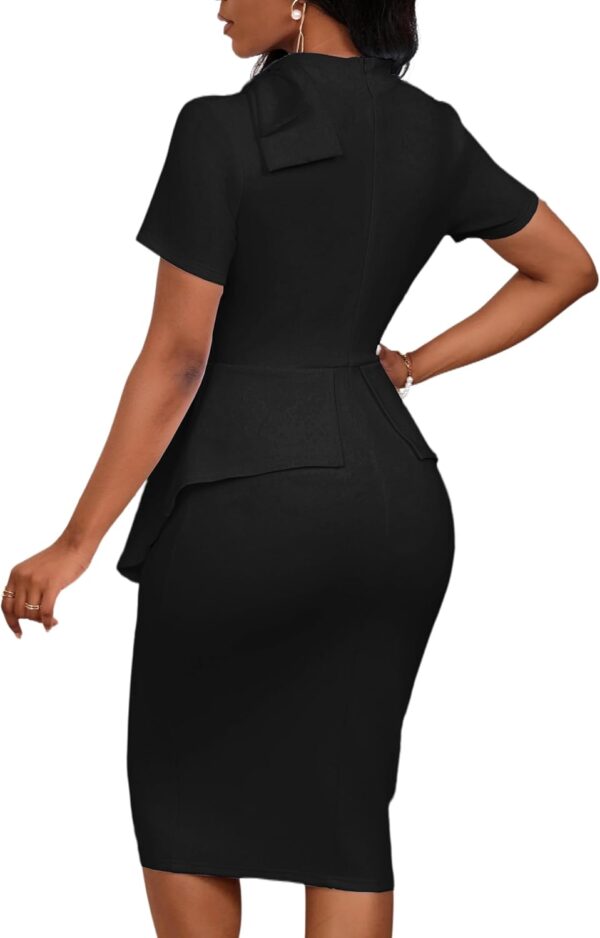 Women's Fashion Peplum Bodycon Short Sleeve Work Dresses Bow Club Ruffle Pencil Formal Cocktail Dress - Image 3