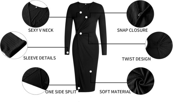 SHIBEVER Women's Long Sleeve Dress: Midi Casual V Neck Dresses Twist Waist Ribbed Knit Bodycon Slit Cocktail Party Dress - Image 5