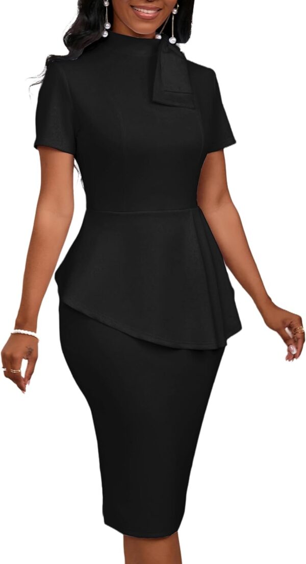 Women's Fashion Peplum Bodycon Short Sleeve Work Dresses Bow Club Ruffle Pencil Formal Cocktail Dress - Image 2