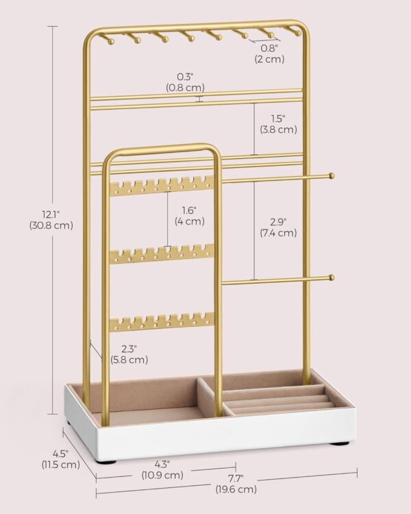 SONGMICS Jewelry Holder, Jewelry Organizer, Jewelry Display Stand with Metal Frame and Velvet Tray, Necklace Earring Bracelet Holder, for Studs, Rings, Christmas Gift, Gold Color UJJS021A01 - Image 6