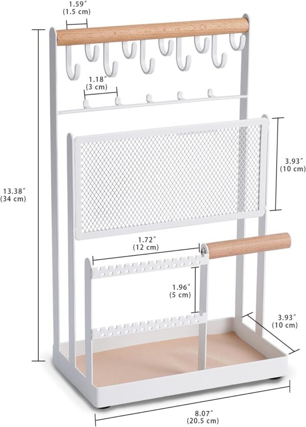 Jewelry Stand with Velvet, 5 Tier Jewelry Organizers and Storage with 15 Hooks Necklace Holder and Earring Organizer Net,Wooden Handing Bar for Bracelets, Watches, Rings - White - Image 6