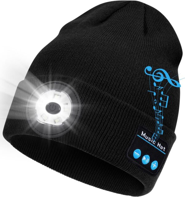 Bluetooth Beanie with Light, 2024 New Musical Knitted Hat with Headphone, Built-in Stereo Speakers Mic, 5 LED Super Bright, USB-C Charging, Cool Gadgets for Men Dad Camping Running Fishing Black - Image 8