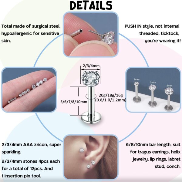 PunkTracker 13Pcs 20G/18G/16G Flat Back Earrings Stud 316L Surgical Stainless Steel Threadless Push in Nose Stud Tragus Helix Lip Medusa Piercing Jewelry - Image 2