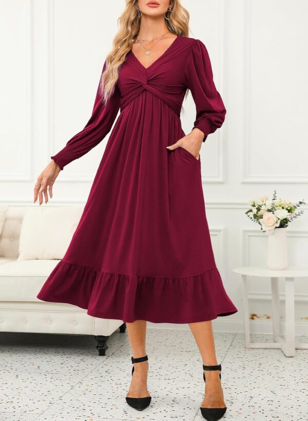 Dokotoo Womens 2024 Wrap V-Neck Twist Knot Long Sleeve Empire Waist Midi Maxi Dress A-Line Ruched Flowy Dress with Pockets - Image 6