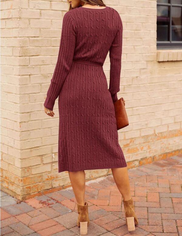 MEROKEETY Women's V Neck Cable Knit Sweater Dress Long Sleeve Bodycon Slit Pullover Midi Dress with Belt - Image 4