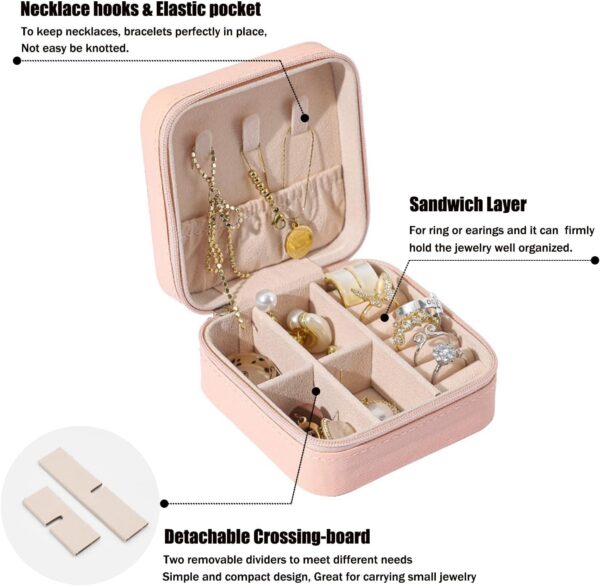 MODENGKONGJIAN Mini Jewelry Travel Case, PU Leather Organizer Box, Small Portable Jewellery Storage Holder for Womens Rings Earrings Necklaces Bracelets (Pink) - Image 2