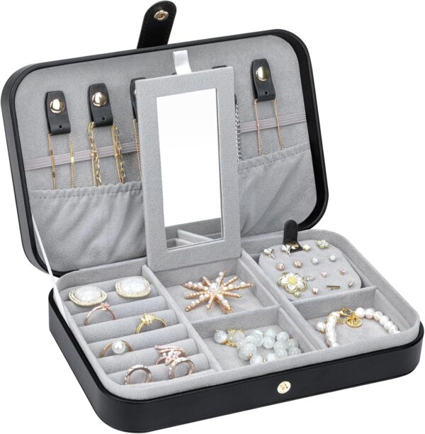 Travel Jewelry Organizer with Mirror Portable Case Small Jewellery Box Gift for Women for Earrings Rings Necklaces, Black A-1