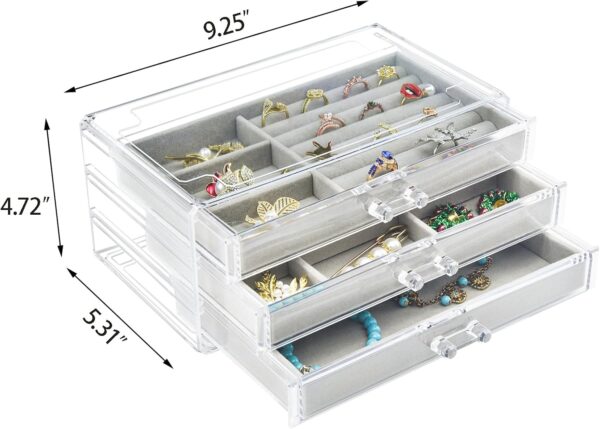 Acrylic Jewelry Box 3 Drawers, Velvet Jewellery Organizer, Earring Rings Necklaces Bracelets Display Case Gift for Women, Girls - Image 3