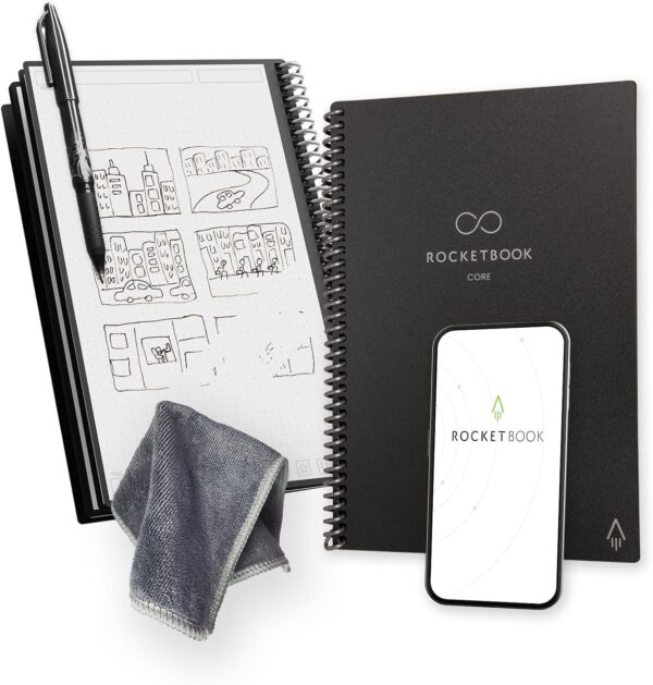 Rocketbook Core Reusable Spiral Notebook, Executive Size 6x8.8, Black - Dotted Pages, App-Connected, Erasable, Durable Cover, Ideal for School, Work, and Creative Projects