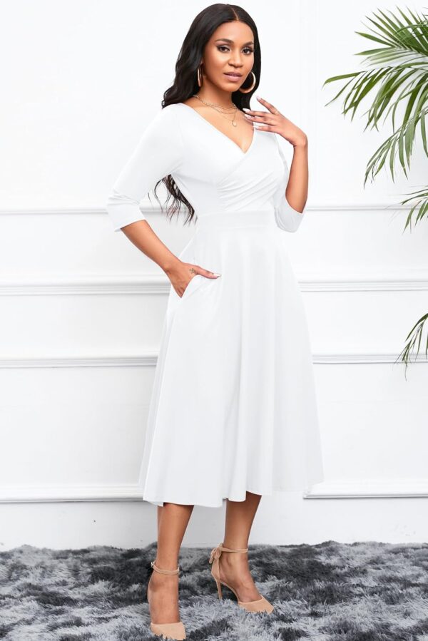 Nmoder Women's Casual Wrap Flared Midi Dress Wedding Guest Cocktail Tea Dresses A-Line Swing V-Neck 3/4 Sleeve - Image 3