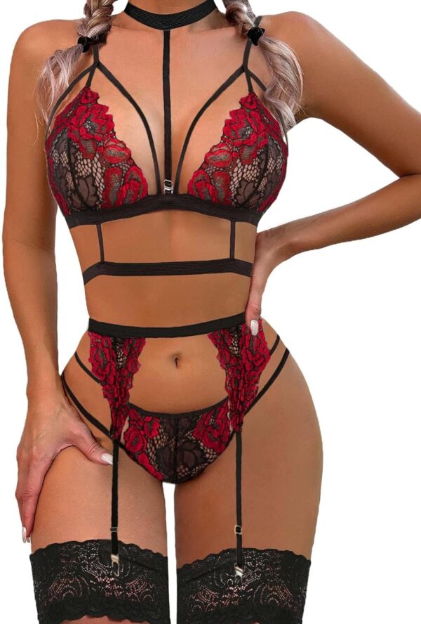 Avidlove Lace Garter Lingerie Set with Removable Choker Teddy Babydoll Strappy Bra and Panty Set (No Stockings)