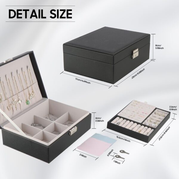 Jewelry Box Organiser for Girls Women,2 Layer PU Leather Jewellery box with 2 Keys,Suitable for Earrings Rings Necklaces Holder(BLACK) - Image 2