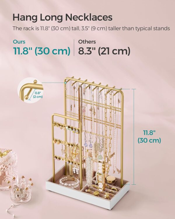 SONGMICS Jewelry Holder, Jewelry Organizer, Jewelry Display Stand with Metal Frame and Velvet Tray, Necklace Earring Bracelet Holder, for Studs, Rings, Christmas Gift, Gold Color UJJS021A01 - Image 7