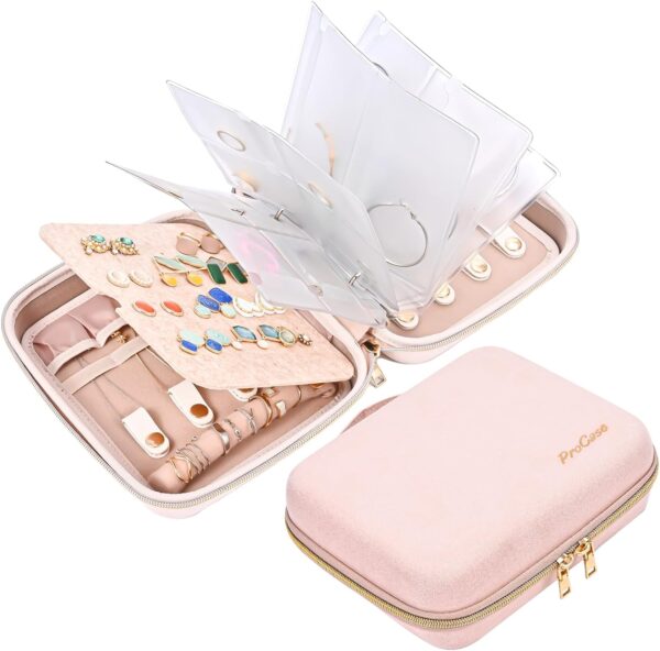 ProCase Medium Travel Jewelry Organizer Case, Jewellery Home Storage Book Ring Binder with Clear Pockets for Presentation, Zippered Pouch Bag for Earrings Necklaces Bracelets -Pink