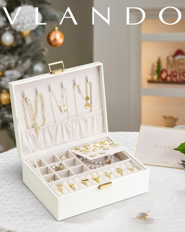 Vlando 2 Layer Jewelry Box Large Jewelry Organizer for Women Removable Jewelery Tray for Necklace Earrings Rings Bracelets Jewelry Boxes for Christmas Gifts Wedding Gifts (Cream White) - Image 3