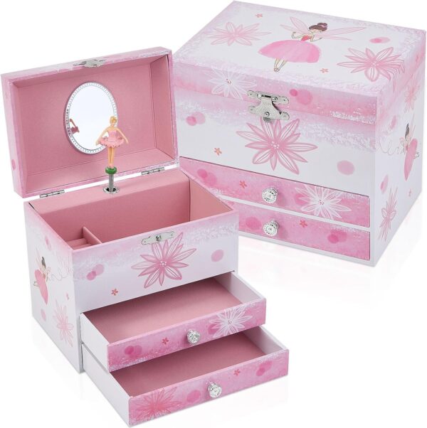 Musical Jewellery Box for Girls with 2 Drawers, Kids Toys Music Box with Spinning Ballerina,Girls Gift for 3-12 Years Old Jewel Storage Box