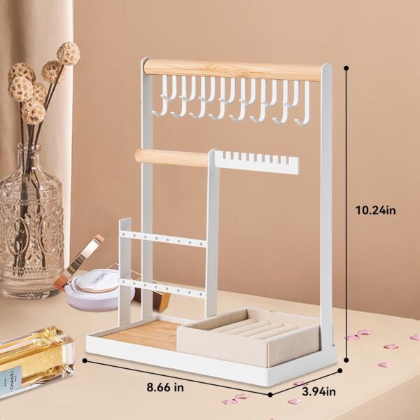 DreamGenius Jewelry Organizer Stand with Velvet Ring Holder, 4 Tier Jewelry Holder Organizer with 15 Hooks Necklace Organizer and Bracket Holder, Jewelry Stand with 16 Holes for Earring Holder, White - Image 7