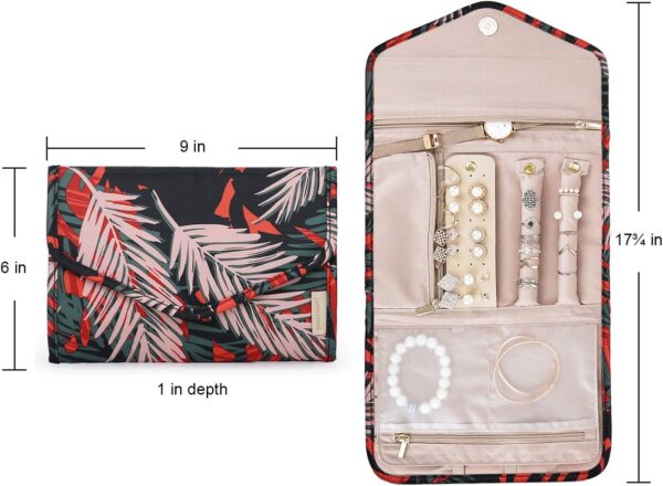 BAGSMART Travel Jewellery Organiser Roll Foldable Jewelry Case for Journey-Rings, Necklaces, Bracelets, Earrings, Red fern - Image 6