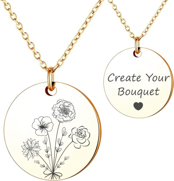 Anavia -Build Your Own Bouquet- Birthmonth Flowers Necklace, Personalized Engraved Floral Coin Necklace, Customized Birthday Gifts Love Jewelry for Her Mom Sisters Family