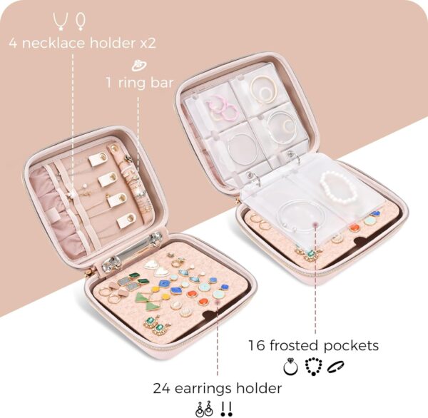 ProCase Medium Travel Jewelry Organizer Case, Jewellery Home Storage Book Ring Binder with Clear Pockets for Presentation, Zippered Pouch Bag for Earrings Necklaces Bracelets -Pink - Image 4