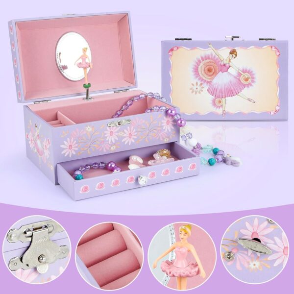 Music Jewellery Box with Drawer Necklace Bracelet, Musical Jewelry Storage Case with Spinning Ballerina Gift Set for Kids Girls Children Daughter (Pink Dancer) - Image 3