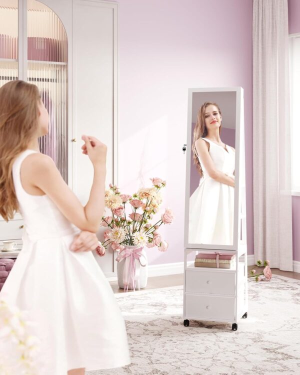 Jewelry Cabinet，42.5" Lockable Standing Jewellery Mirror Cabinet with 2 Drawers, 360° Swivel Jewellery Cabinet with Lights on Four Wheels, Full Length Mirror, White JC37503B - Image 2