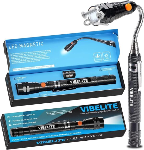 VIBELITE Extendable Magnetic Flashlight with Telescoping Magnet Pickup Tool-Cool Gadget Christmas Gifts Stocking Stuffers for Men, Husband,Dad,Father,Mechanic,Tech,Handyman,Him Women