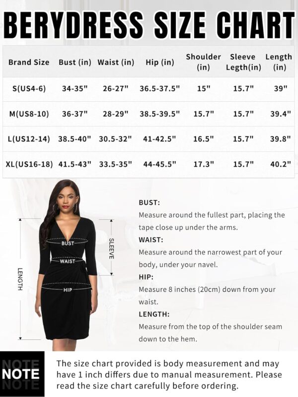 Berydress Women's Classic 3/4 Sleeve V Neck Sheath Casual Party Work Faux Black Wrap Dress - Image 4