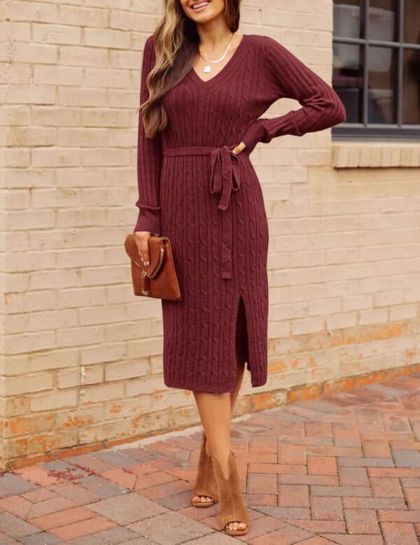 MEROKEETY Women's V Neck Cable Knit Sweater Dress Long Sleeve Bodycon Slit Pullover Midi Dress with Belt - Image 5